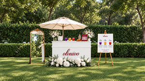 L’Or Signature Olouioo Bar with ivory umbrella, gold mirror, menu easel and white florals in a garden