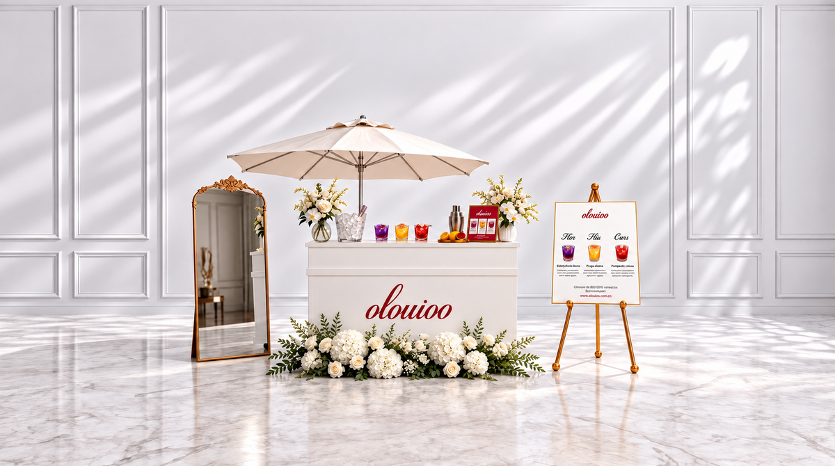 L’Or hosted drinks bar with ivory parasol, gold mirror, menu easel and white florals in an indoor event setting