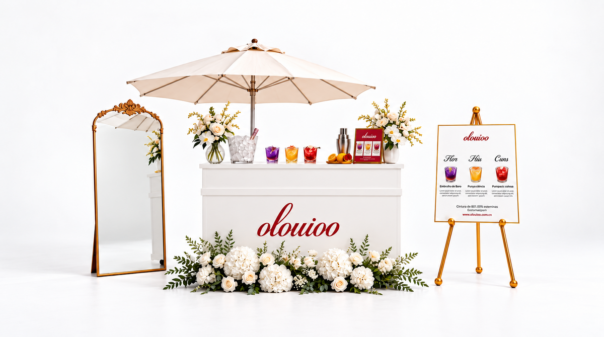 L’Or hosted drinks bar with ivory parasol, gold mirror, menu easel and white florals in a white studio
