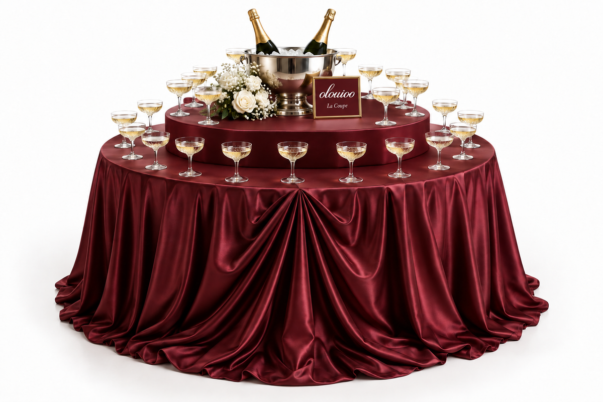 La Coupe — Welcome Toast Table — proposed styled setup on white background with Olouioo script logo