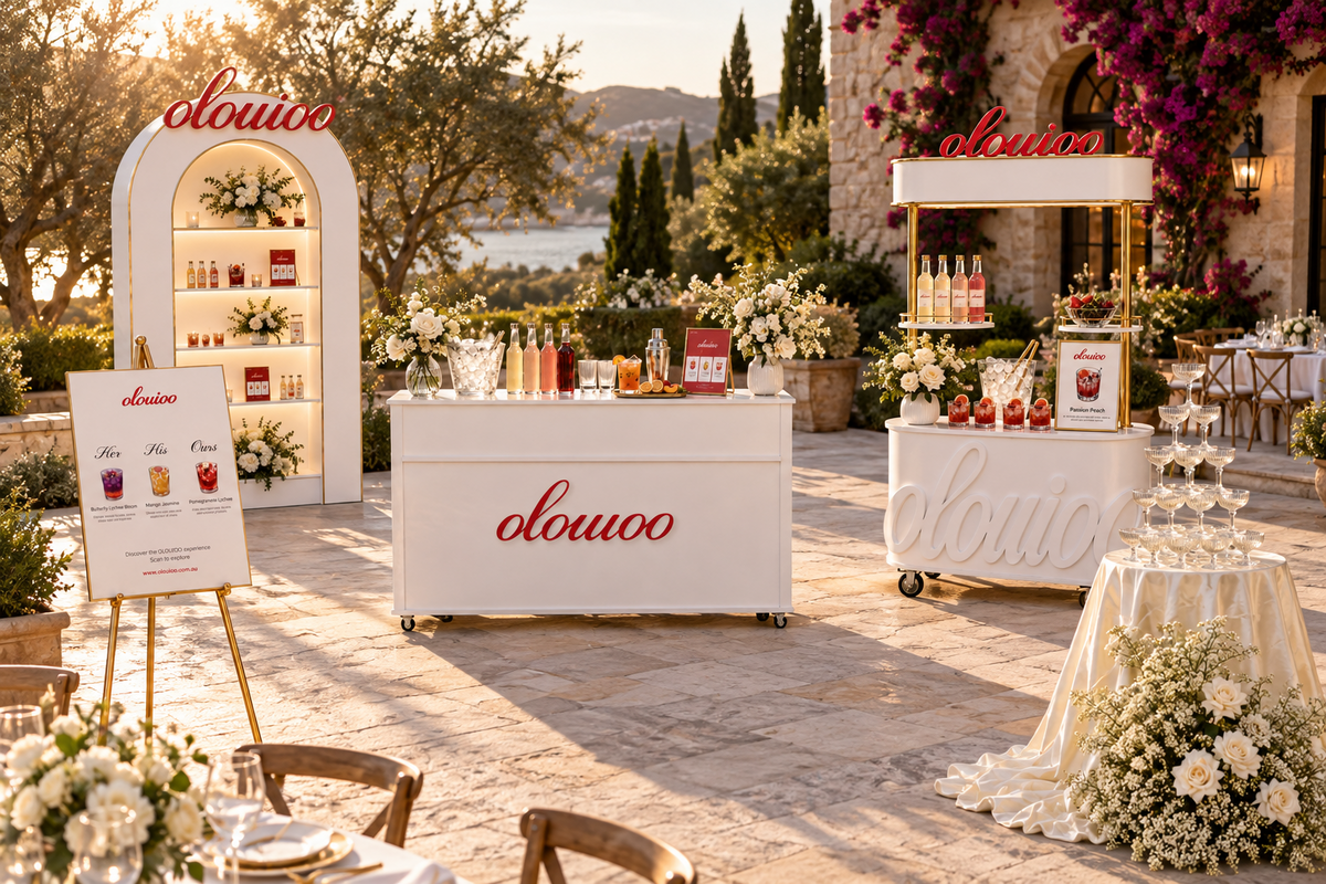 Olouioo outdoor event setup with signature bars, drink wall and coupe tower